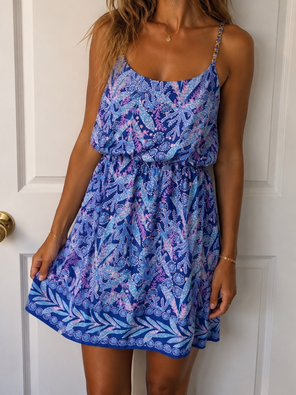 Lilly Pulitzer Blue & Lavender Floral Strap Dress with Gold Chain Detail